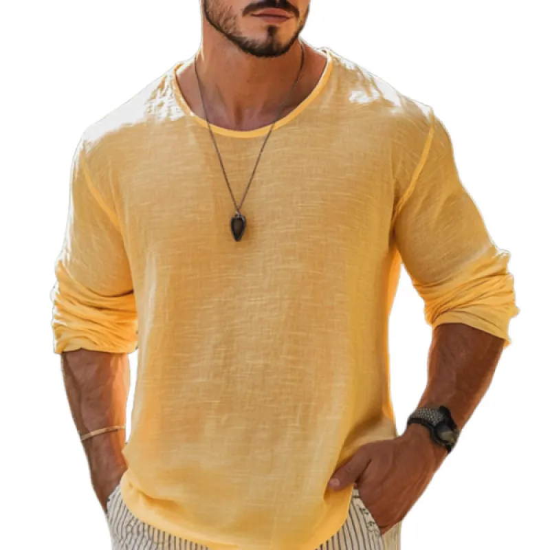 【24-hour shipping out】Men's Casual Cotton Linen Round Neck Loose Long Sleeve T-Shirt MTA1461C1M sold by Manly
