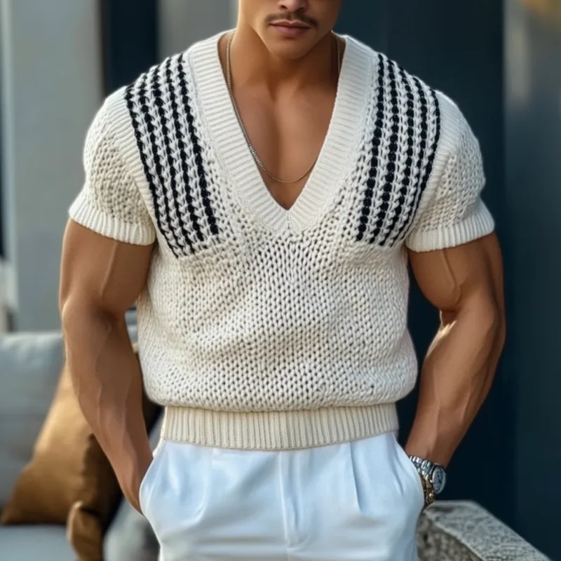 Men's Casual Striped Jacquard V-neck Slim Fit Knitted Short Sleeve Sweater T-Shirt MTA1822C6M sold by Manly product image thumbnail 2