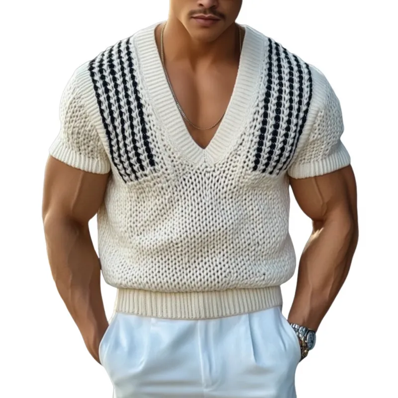 Men's Casual Striped Jacquard V-neck Slim Fit Knitted Short Sleeve Sweater T-Shirt MTA1822C6M sold by Manly