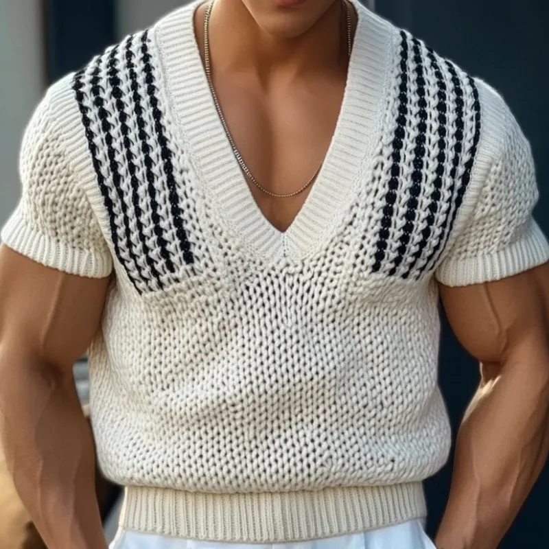 Men's Casual Striped Jacquard V-neck Slim Fit Knitted Short Sleeve Sweater T-Shirt MTA1822C6M sold by Manly product image thumbnail 3