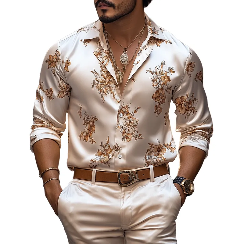 Men's Spring and Summer Fashion Retro Floral Printed Satin Long Sleeve Shirt MTA1867C7K sold by Manly