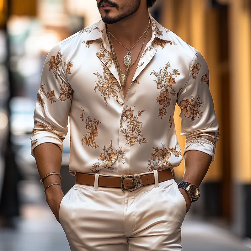 Men's Spring and Summer Fashion Retro Floral Printed Satin Long Sleeve Shirt MTA1867C7K sold by Manly product image thumbnail 2