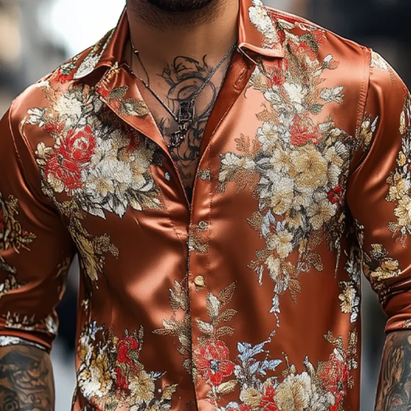Men's Spring and Summer Fashionable Retro Printed Satin Long Sleeve Shirt MTA1855C2K sold by Manly product image thumbnail 4