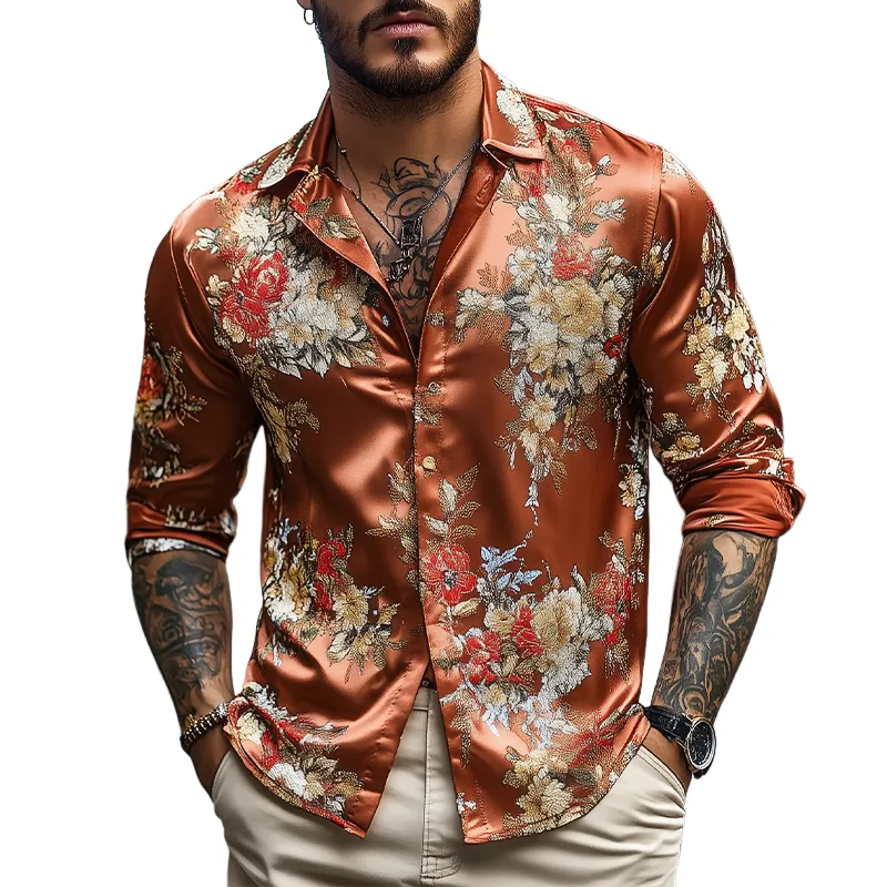 Men's Spring and Summer Fashionable Retro Printed Satin Long Sleeve Shirt MTA1855C2K sold by Manly