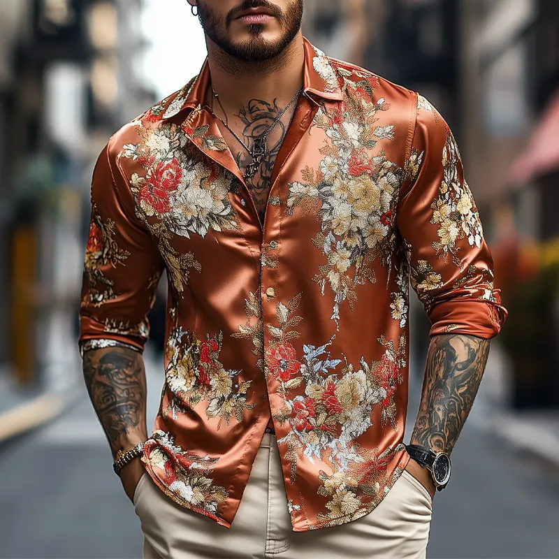 Men's Spring and Summer Fashionable Retro Printed Satin Long Sleeve Shirt MTA1855C2K sold by Manly product image thumbnail 2