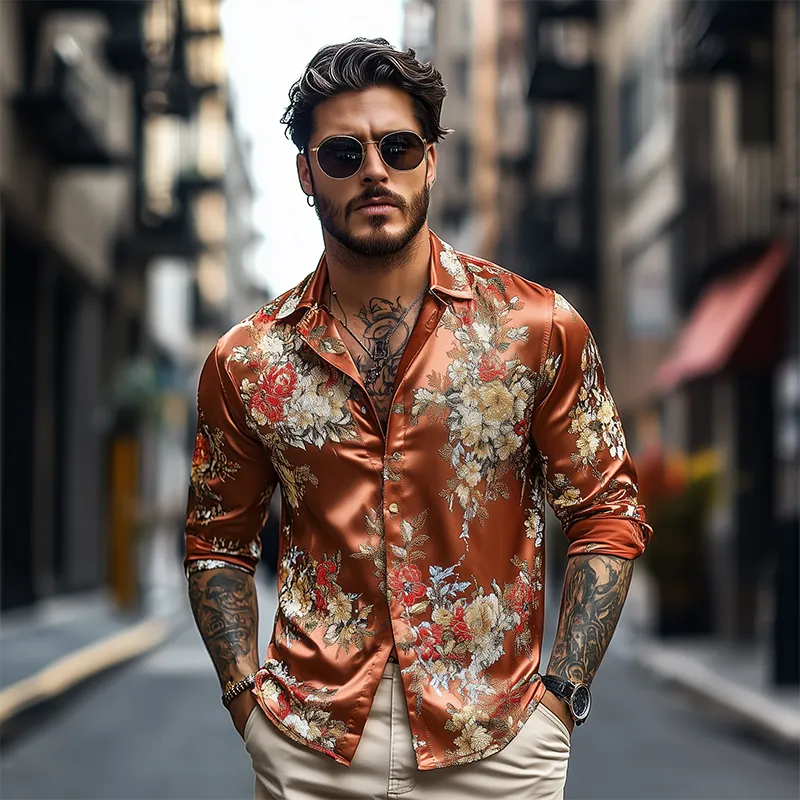 Men's Spring and Summer Fashionable Retro Printed Satin Long Sleeve Shirt MTA1855C2K sold by Manly product image thumbnail 3