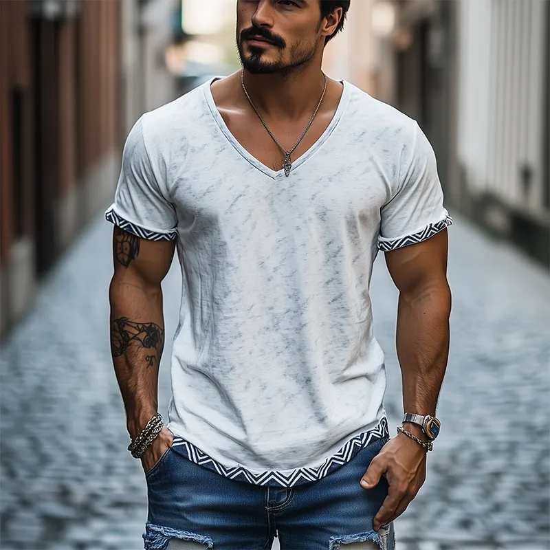 Men's Classic Casual V-Neck Printed Cotton Short Sleeve T-Shirt MTA1746C0K sold by Manly product image thumbnail 3
