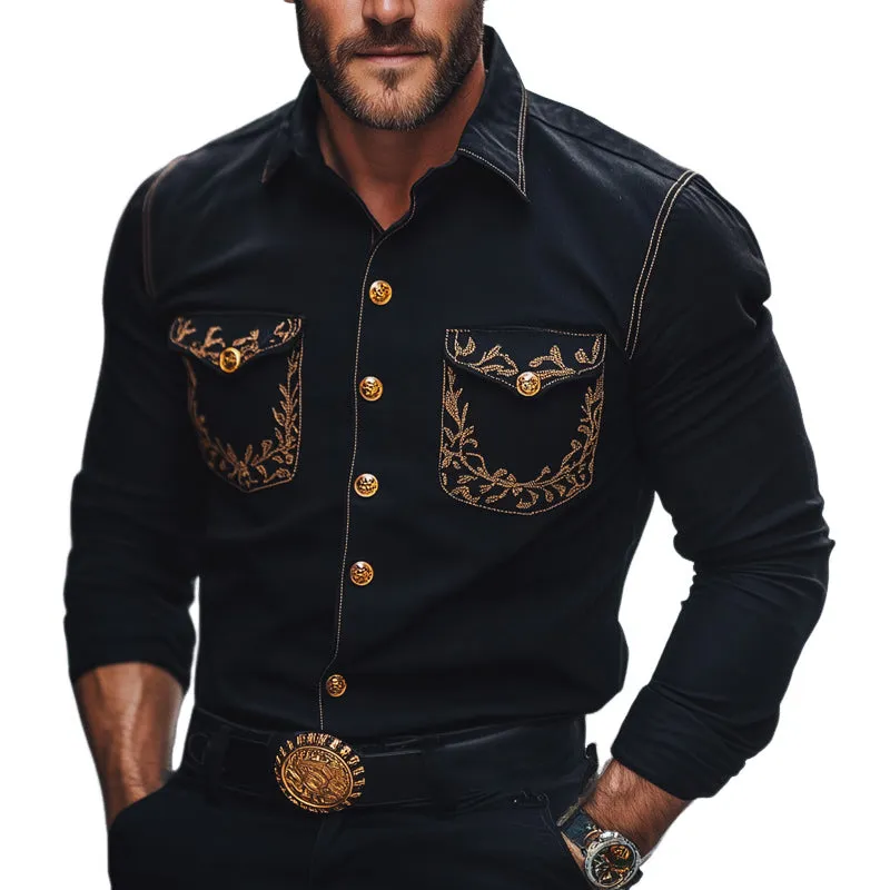 Men's Black Cotton Vintage Embroidery Long Sleeve Shirt MTA1827C6U sold by Manly