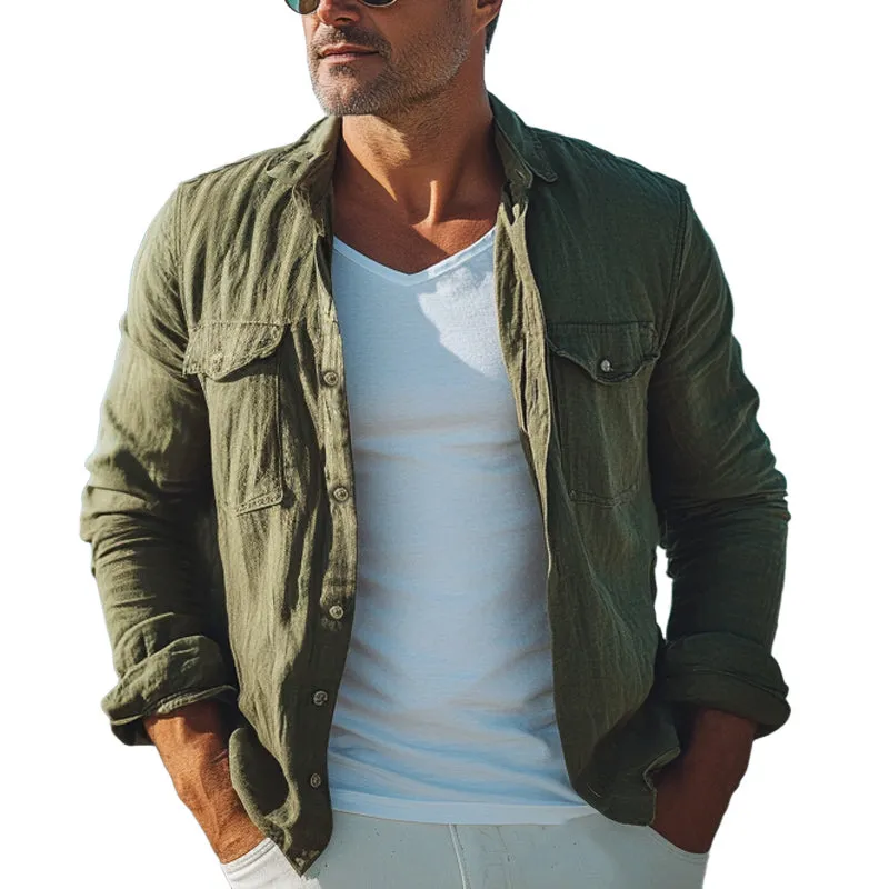 Men's Spring and Autumn Army Green Cotton and Linen Long Sleeve Shirt MTA1895C9U sold by Manly