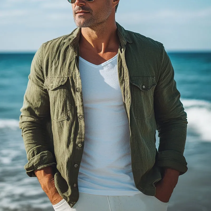 Men's Spring and Autumn Army Green Cotton and Linen Long Sleeve Shirt MTA1895C9U sold by Manly product image thumbnail 2