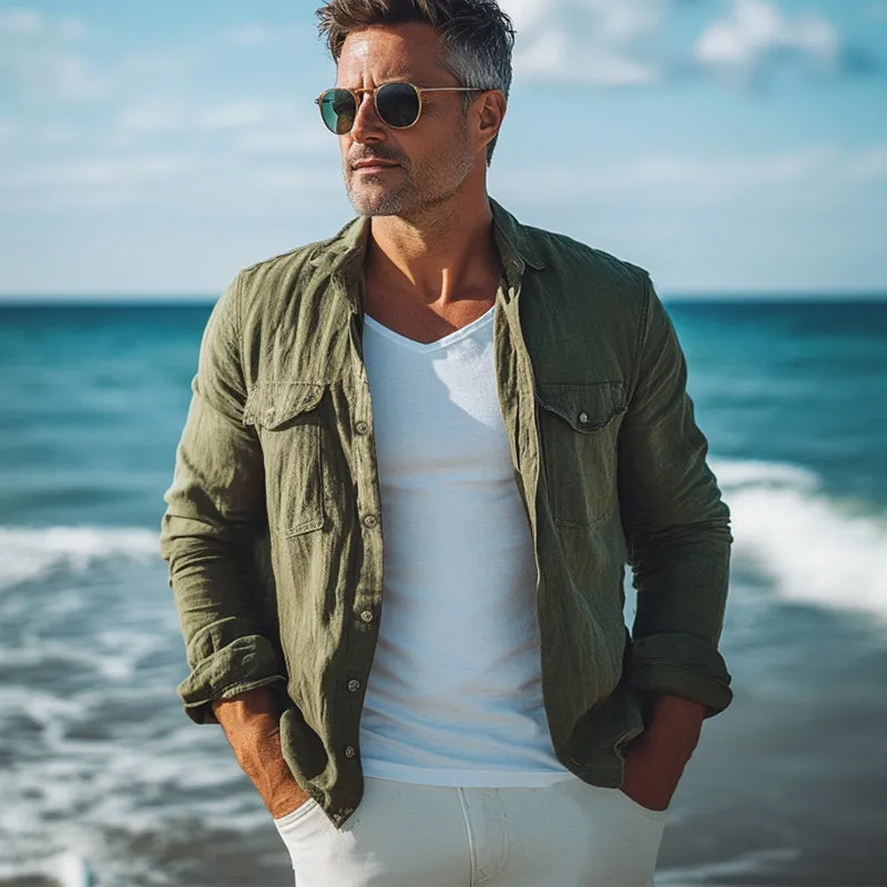 Men's Spring and Autumn Army Green Cotton and Linen Long Sleeve Shirt MTA1895C9U sold by Manly product image thumbnail 3