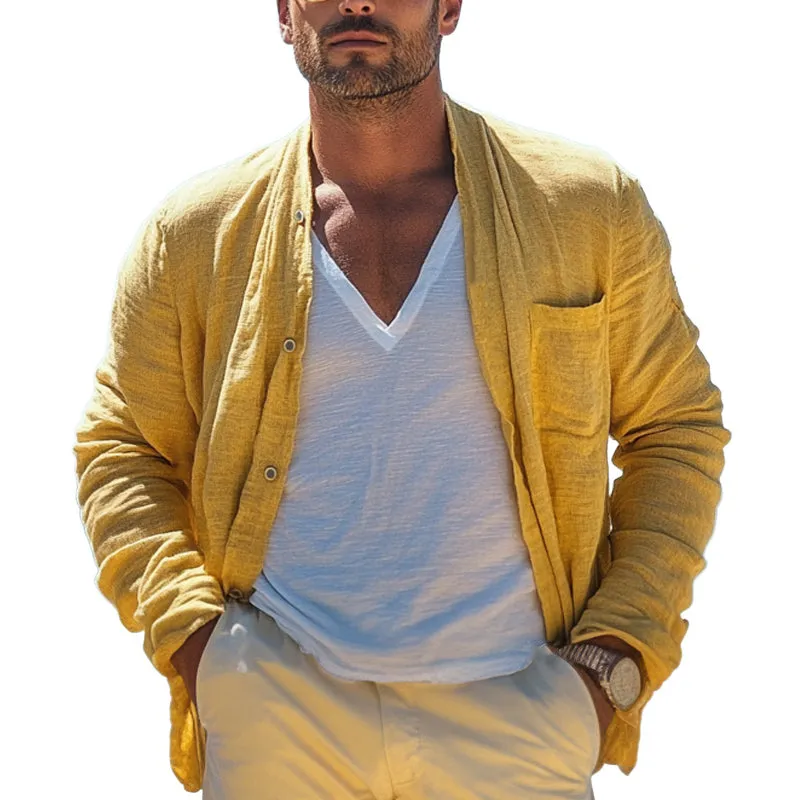 Men's Casual Bright Yellow Cotton and Linen Long Sleeve Shirt MTA1820C7U sold by Manly