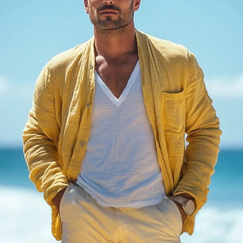 Men's Casual Bright Yellow Cotton and Linen Long Sleeve Shirt MTA1820C7U sold by Manly product image thumbnail 2