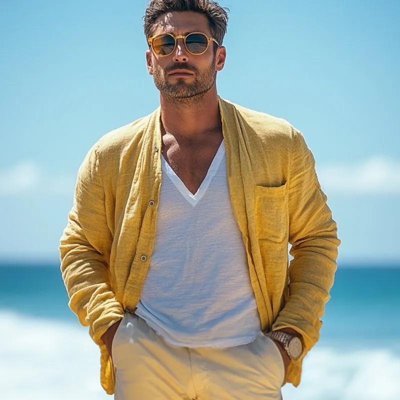 Men's Casual Bright Yellow Cotton and Linen Long Sleeve Shirt MTA1820C7U sold by Manly product image thumbnail 3