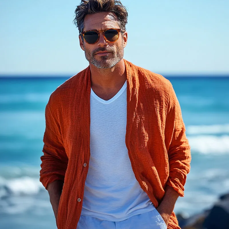 Men's Casual Skin-Friendly Orange Cotton And Linen Long-Sleeved Shirt MTA1876C0U sold by Manly product image thumbnail 2