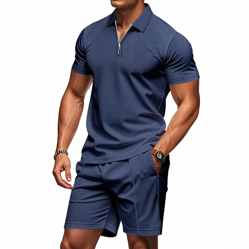 Men's Solid Waffle Zipper Lapel Short Sleeve Polo Shirt Shorts Casual Set MTA1735C9Z sold by Manly