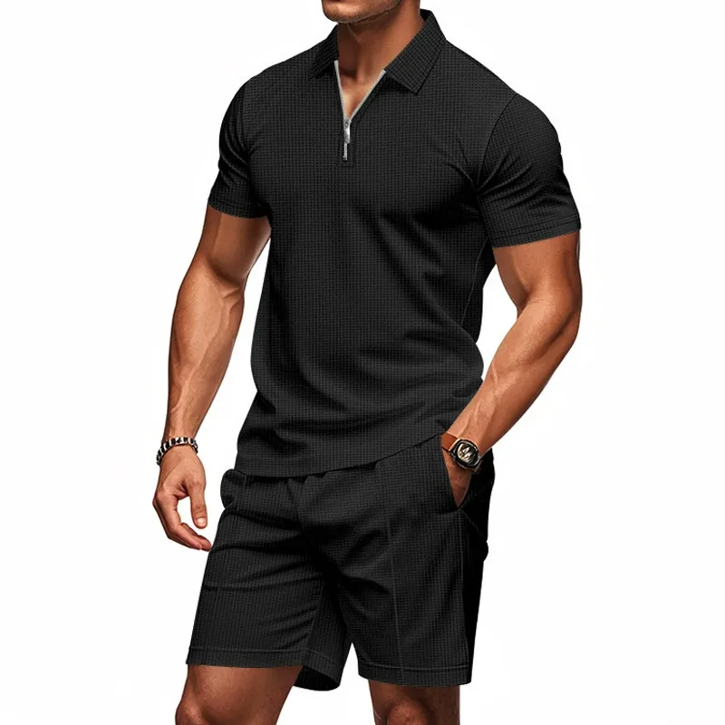 Men's Solid Waffle Zipper Lapel Short Sleeve Polo Shirt Shorts Casual Set MTA1735C9Z sold by Manly product image thumbnail 3