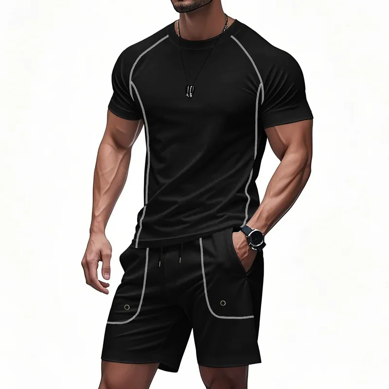 Men's Colorblock Round Neck Short Sleeve T-shirt Elastic Waist Shorts Sports Casual Set MTA1780C0Z sold by Manly
