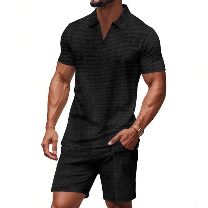 Men's Solid Waffle Lapel Short Sleeve Polo Shirt Elastic Waist Shorts Casual Set MTA1717C8Z sold by Manly product image thumbnail 3