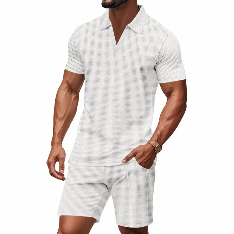 Men's Solid Waffle Lapel Short Sleeve Polo Shirt Elastic Waist Shorts Casual Set MTA1717C8Z sold by Manly product image thumbnail 2