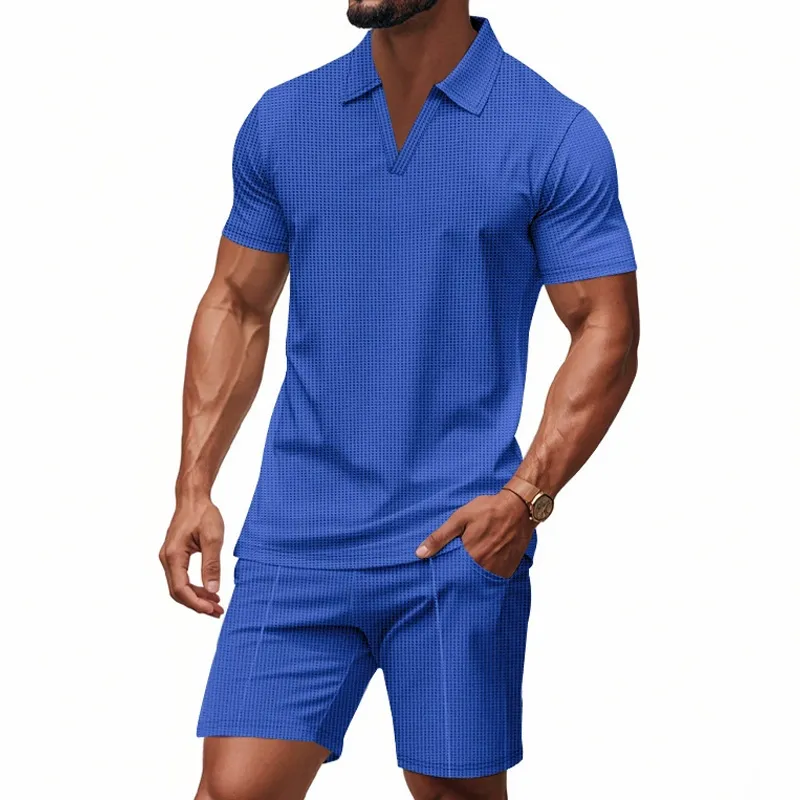 Men's Solid Waffle Lapel Short Sleeve Polo Shirt Elastic Waist Shorts Casual Set MTA1717C8Z sold by Manly