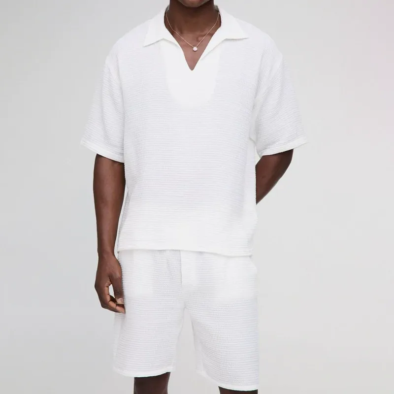 Men's Solid Loose Waffle Lapel Short Sleeve Tops Elastic Waist Shorts Casual Set MTA1777C5Z sold by Manly product image thumbnail 2