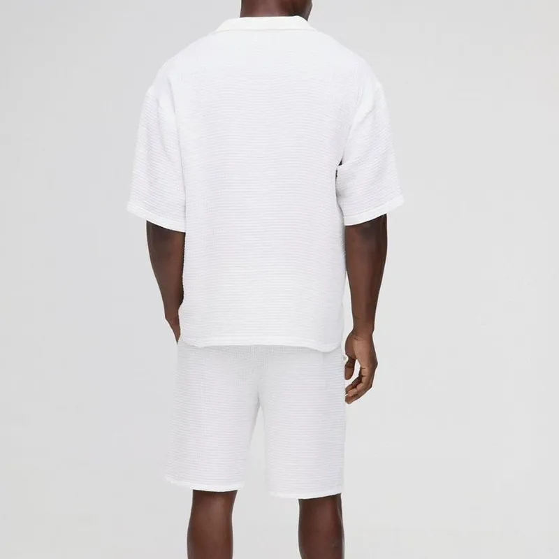 Men's Solid Loose Waffle Lapel Short Sleeve Tops Elastic Waist Shorts Casual Set MTA1777C5Z sold by Manly product image thumbnail 4