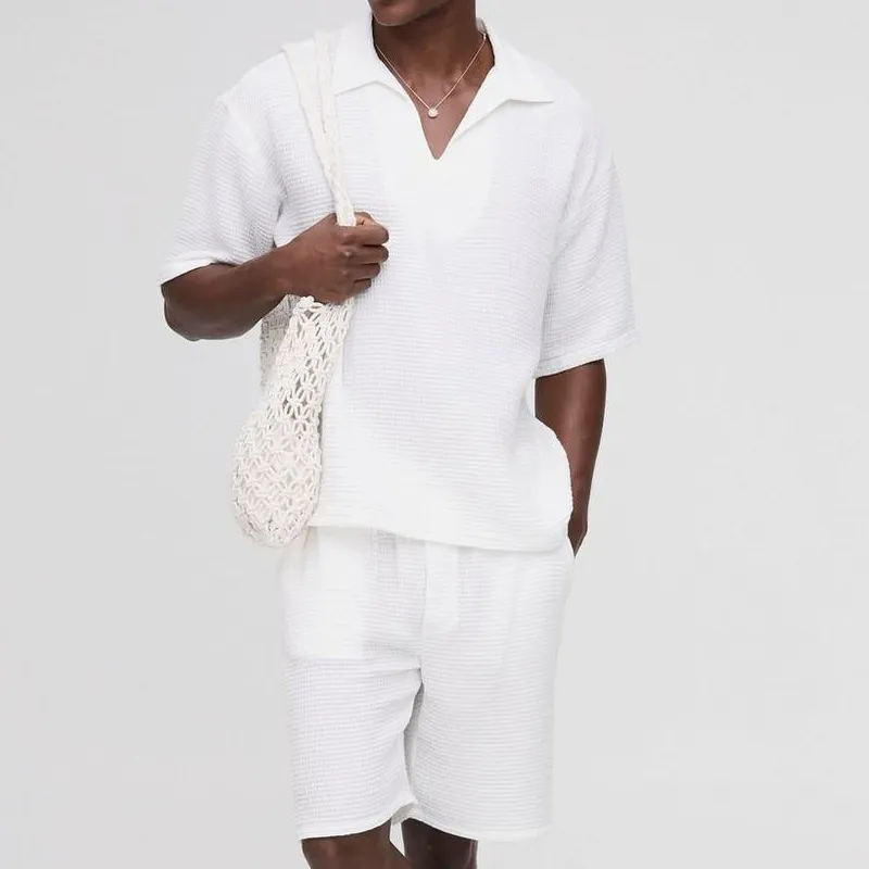 Men's Solid Loose Waffle Lapel Short Sleeve Tops Elastic Waist Shorts Casual Set MTA1777C5Z sold by Manly product image thumbnail 3