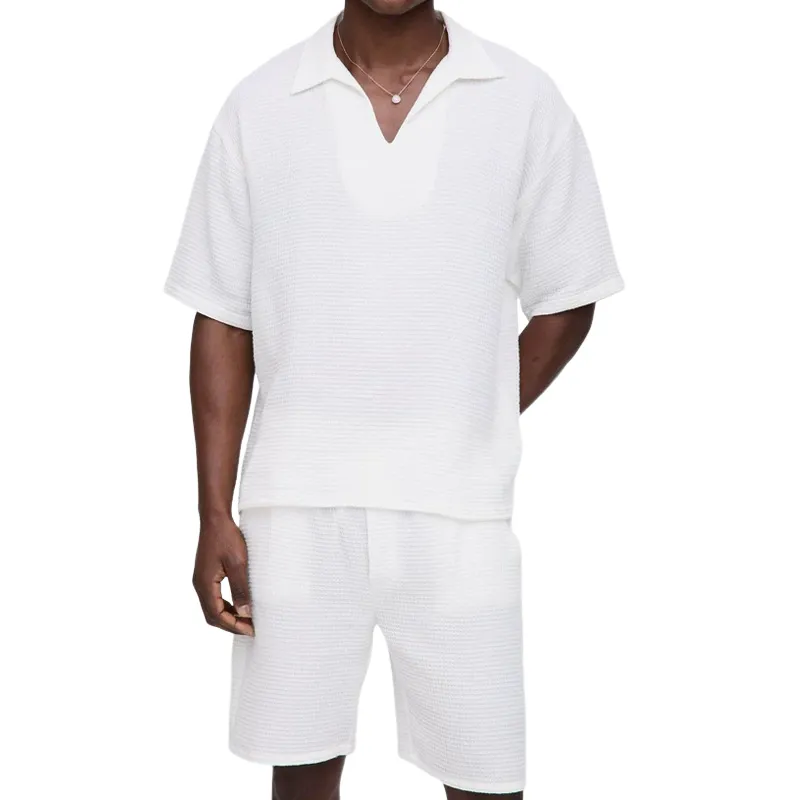 Men's Solid Loose Waffle Lapel Short Sleeve Tops Elastic Waist Shorts Casual Set MTA1777C5Z sold by Manly