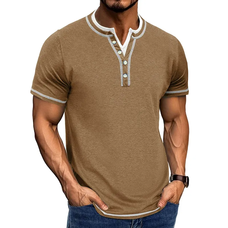 Men's Fashion Colorblock Henley Collar Short Sleeve Casual T-shirt MTA1795C3Z sold by Manly