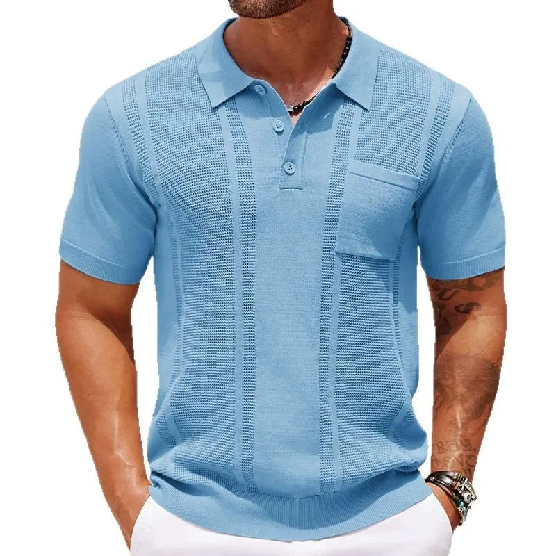 Men's Fashion Striped Knit Lapel Short Sleeve Chest Pocket Polo Shirt MTA1792C4Z sold by Manly