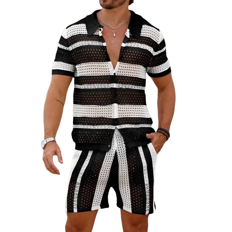 Men's Fashion Knit Striped Lapel Short Sleeve Shirt Shorts Set MTA1788C8Z sold by Manly