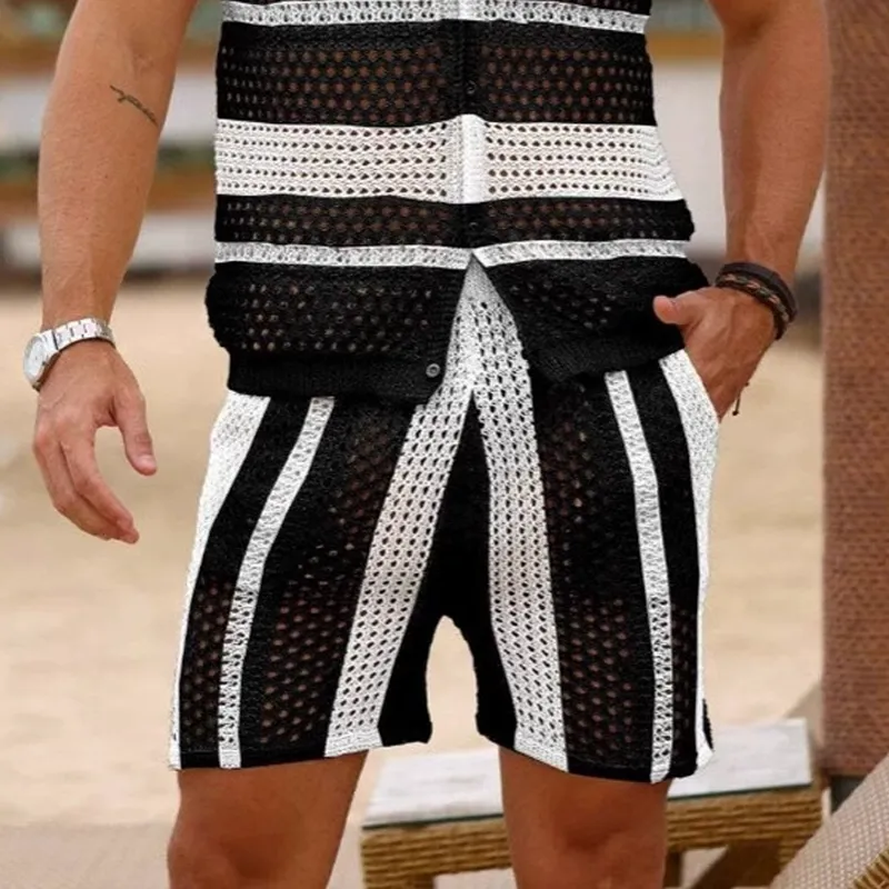 Men's Fashion Knit Striped Lapel Short Sleeve Shirt Shorts Set MTA1788C8Z sold by Manly product image thumbnail 4