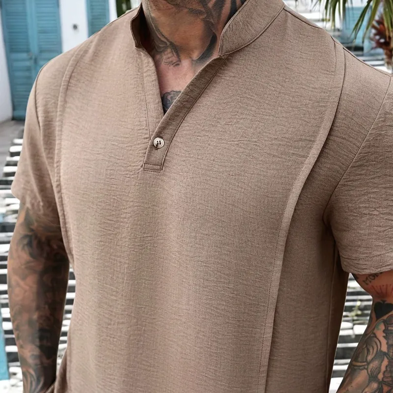 Men's Fashion Solid Stand Collar Short Sleeve Shirt Shorts Casual Set MTA1781C5Z sold by Manly product image thumbnail 4