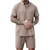 Men's Fashion Solid Stand Collar Short Sleeve Shirt Shorts Casual Set MTA1781C5Z sold by Manly