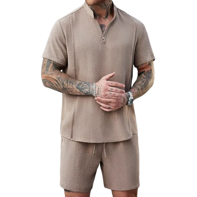 Men's Fashion Solid Stand Collar Short Sleeve Shirt Shorts Casual Set MTA1781C5Z sold by Manly