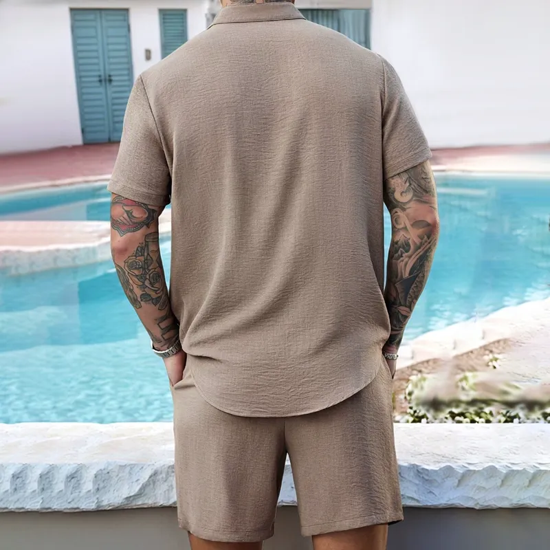 Men's Fashion Solid Stand Collar Short Sleeve Shirt Shorts Casual Set MTA1781C5Z sold by Manly product image thumbnail 3