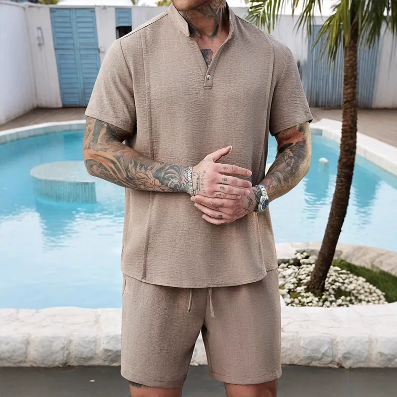 Men's Fashion Solid Stand Collar Short Sleeve Shirt Shorts Casual Set MTA1781C5Z sold by Manly product image thumbnail 2