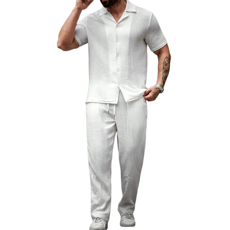Men's Fashion Solid Textured Lapel Short Sleeve Shirt Trousers Casual Set MTA1799C6Z sold by Manly