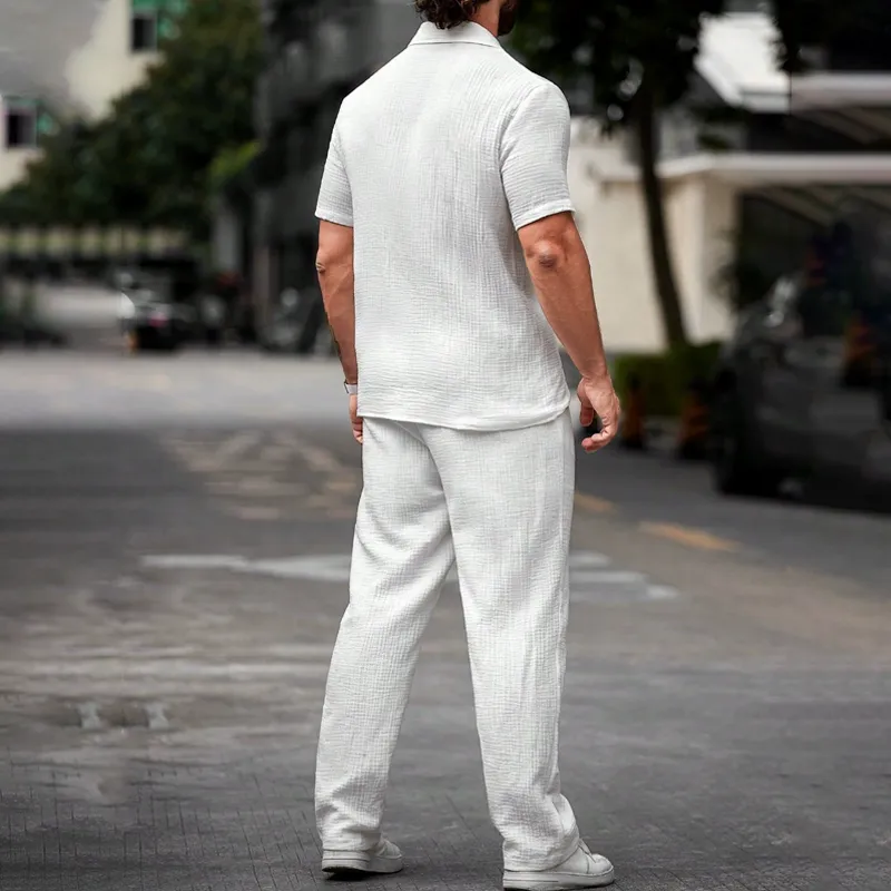 Men's Fashion Solid Textured Lapel Short Sleeve Shirt Trousers Casual Set MTA1799C6Z sold by Manly product image thumbnail 5