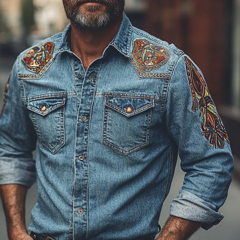 Men's Vintage Denim Embroidered Long Sleeve Shirt MTA1453C7X sold by Manly product image thumbnail 3