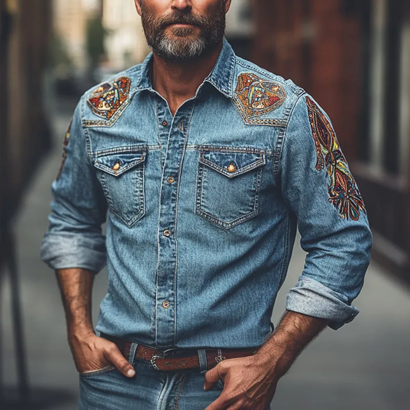 Men's Vintage Denim Embroidered Long Sleeve Shirt MTA1453C7X sold by Manly product image thumbnail 2