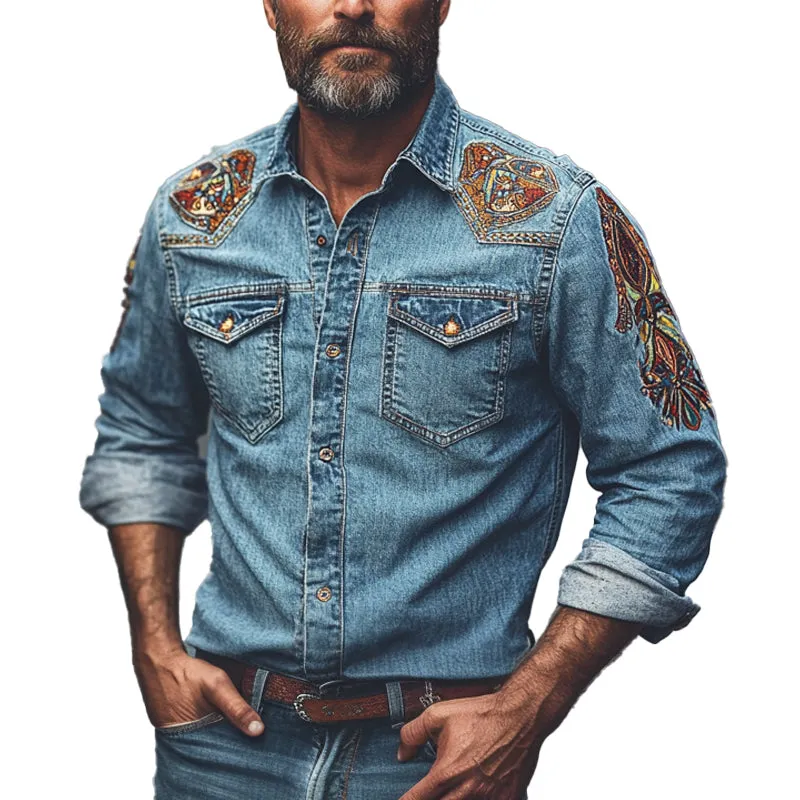 Men's Vintage Denim Embroidered Long Sleeve Shirt MTA1453C7X sold by Manly