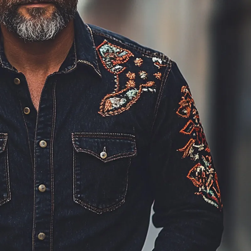 Men's Vintage Embroidered Long Sleeve Denim Shirt MTA1430C1X sold by Manly product image thumbnail 3