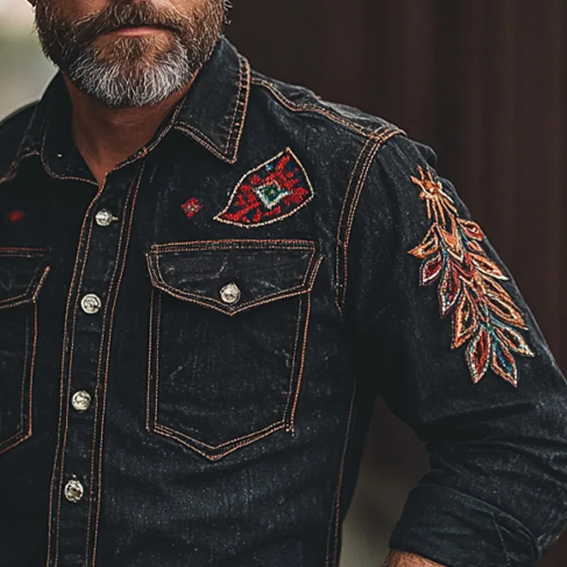 Men's Vintage Embroidered Long Sleeve Denim Shirt MTA1461C0X sold by Manly product image thumbnail 3