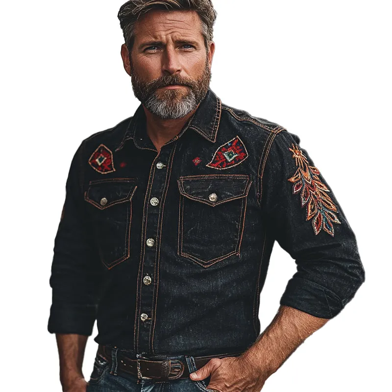 Men's Vintage Embroidered Long Sleeve Denim Shirt MTA1461C0X sold by Manly