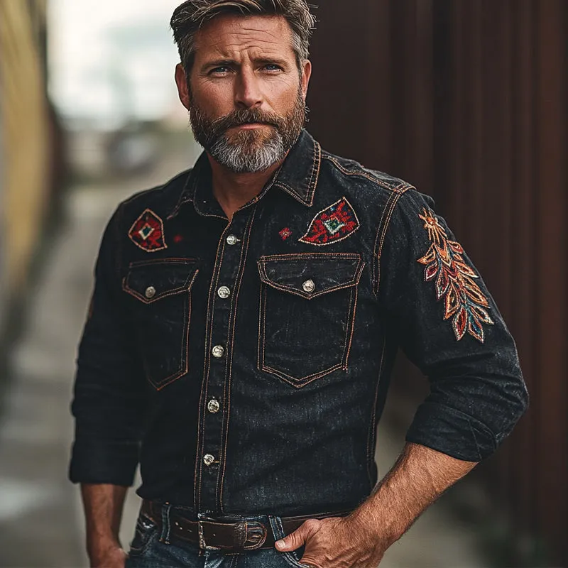 Men's Vintage Embroidered Long Sleeve Denim Shirt MTA1461C0X sold by Manly product image thumbnail 2