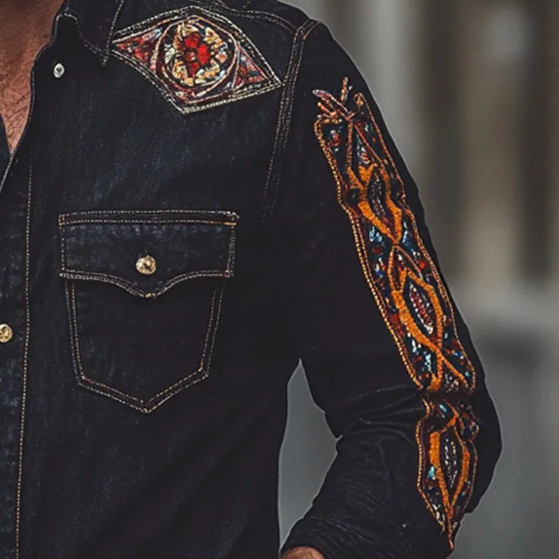 Men's Vintage Embroidered Lapel Long Sleeve Denim Shirt MTA1476C1X sold by Manly product image thumbnail 3