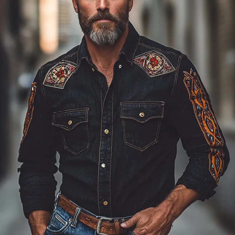 Men's Vintage Embroidered Lapel Long Sleeve Denim Shirt MTA1476C1X sold by Manly product image thumbnail 2