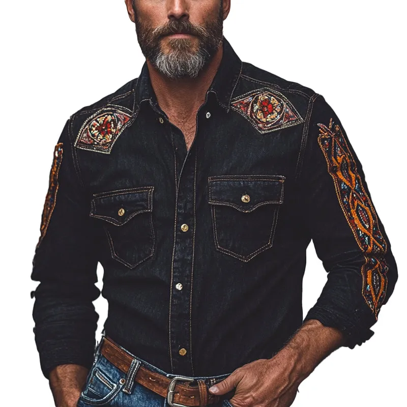 Men's Vintage Embroidered Lapel Long Sleeve Denim Shirt MTA1476C1X sold by Manly